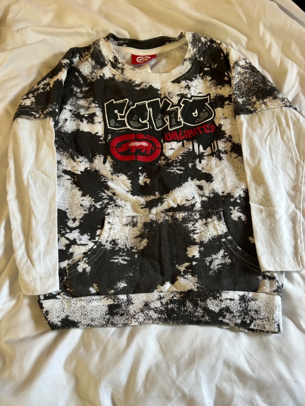 Ecko Unlimited Black & White Tie-Dye Layered Look Kids Hoodie with Red Logo.